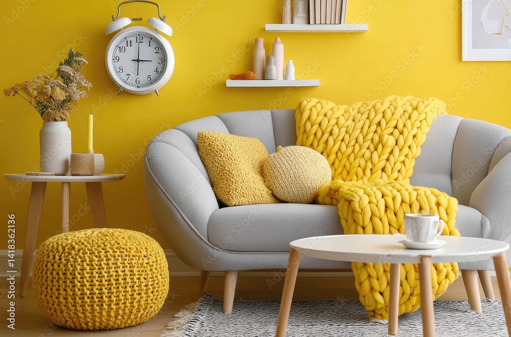 A yellow living room with a sofa, an armchair, and a clock in front of them. The yellow couch has a blanket on top.
