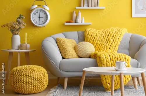 Obraz na płótnie A yellow living room with a sofa, an armchair, and a clock in front of them. The yellow couch has a blanket on top. w salonie
