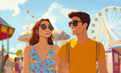 image of cheerful happy couple enjoying time summer vacation in an amusement park