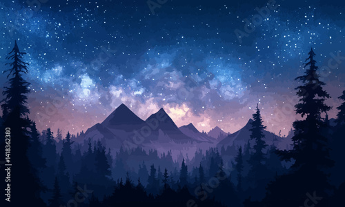 Night sky with a dense array of stars and a visible Milky Way galaxy over a silhouette of a forest and mountain range at twilight.