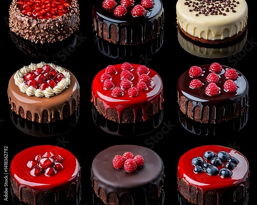 Delicious variety of round cakes with vibrant toppings.
