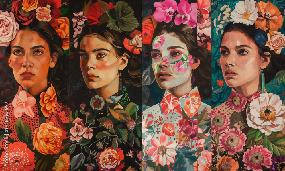 Fototapeta premium Portraits of four women with floral motifs and abstract design, poster set
