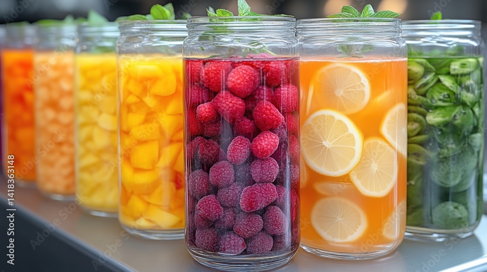 Refreshing Fruits and Juices in Glass Jars for Healthy Living and Beverage Preparation Refreshing Fruits and Juices in Glass Jars for Healthy Living and Beverage Preparation