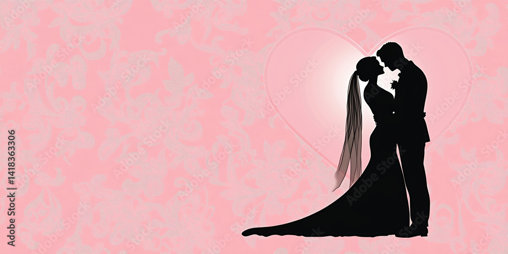 Fototapeta premium Silhouette of Bride and Groom in Romantic Pose Against Pink Floral Background, Heart Shape, Wedding Theme.