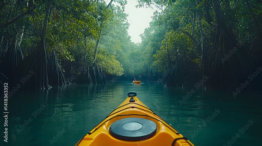 Fototapeta premium A scenic kayak adventure through a mangrove forest, with clear water reflecting the dense greenery above