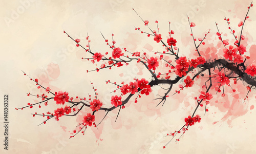 Red Japanese Blossom Illustration.