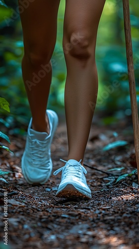 Close-up of woman's legs hiking a forest trail.