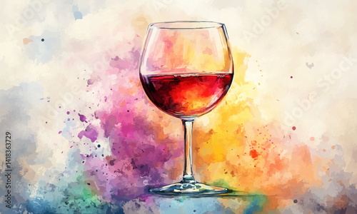 Red wine glass and colorful paint watercolor canvas