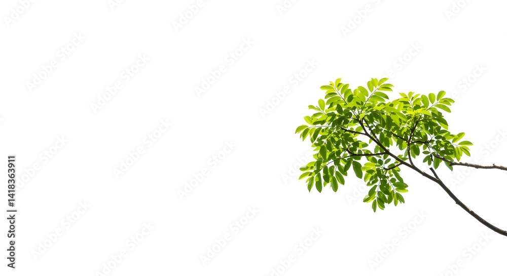 Obraz premium Lonely branch with green leaves against a white background, nature simplicity