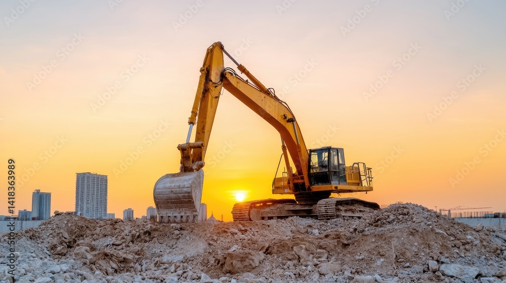 Powerful excavator at sunset construction site image heavy machinery industrial progress Powerful excavator at sunset construction site image heavy machinery industrial progress