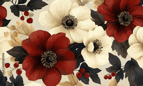 Seamless floral pattern featuring large, detailed red, beige, and white flowers with dark centers, black and dark green leaves, and small berries on a light background