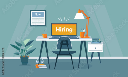 Laptop with a "Now Hiring" sign on the screen illustrating digital job postings. simple Vector Illustration art simple minimalist illustration creative