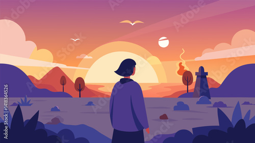 Breathing in the crisp fresh air of dawn while joining others in worship at an Easter sunrise service.. Vector illustration
