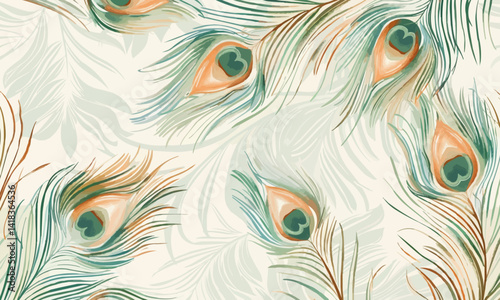 Seamless vector pattern with peacock feather, soft muted pastels beige blue green background. Design for cosmetics, perfume, beauty products