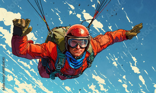 Man falling through a parachute in a clear blue sky.