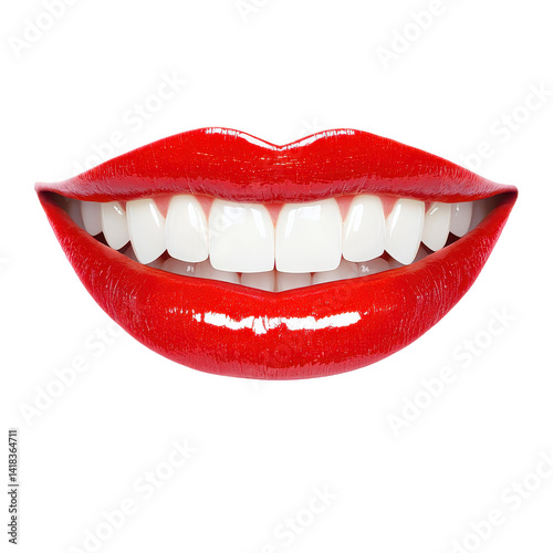 close up of glossy red lips with bright smile, showcasing white teeth against transparency background, creating bold and striking visual