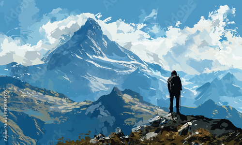 Lone hiker standing in front of a panorama in the mountains