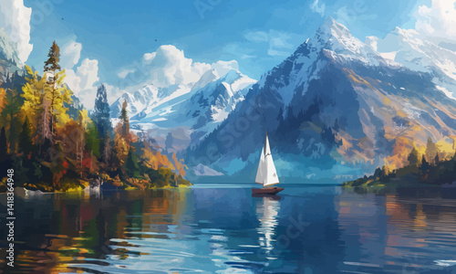 Serene sailing adventure in a picturesque mountain lake scene