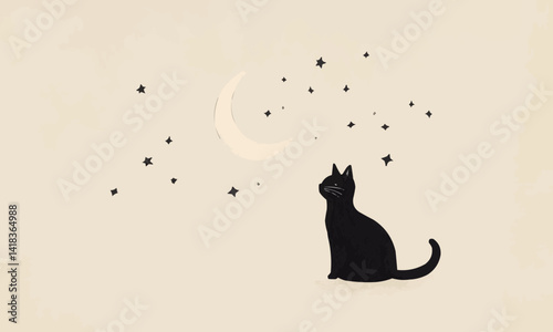 Minimalistic illustration of a black cat sitting under a crescent moon with stars scattered around on a light background.