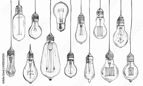 Set of ceiling or hanging light bulb with doodles hand drawn style. different types halogen bulbs set. isolated conceptual vector illustration