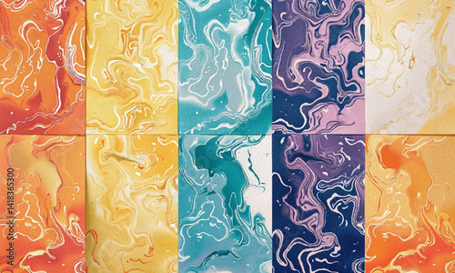 Set of colorful cards with abstract monochrome reaction diffusion psychedelic pattern background. Organic line art biological wallpaper