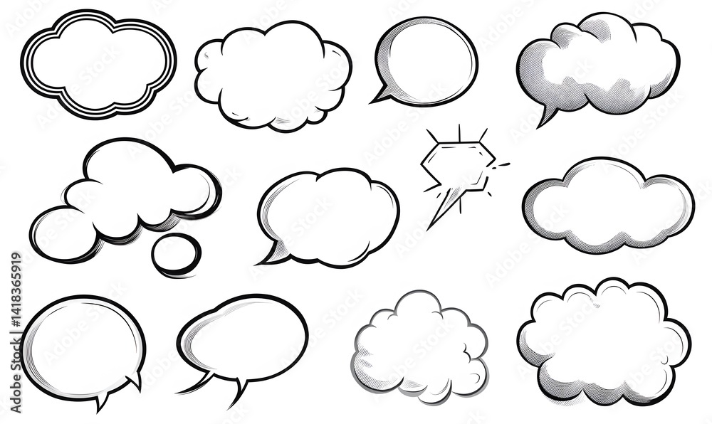 Collection of retro comic speech bubbles and word balloons for graphic design, pop art projects, and vintage-style illustrations
Collection of retro comic speech bubbles and word balloons for graphic design, pop art projects, and vintage-style illustrations