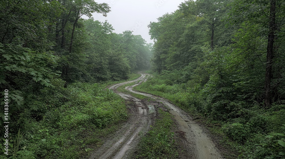 Fototapeta premium Lush green forest path tranquil nature scene untouched wilderness