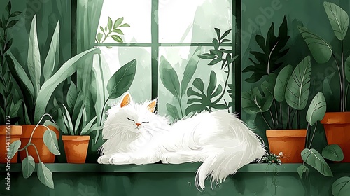 Fluffy white cat rests amongst lush greenery by a window.