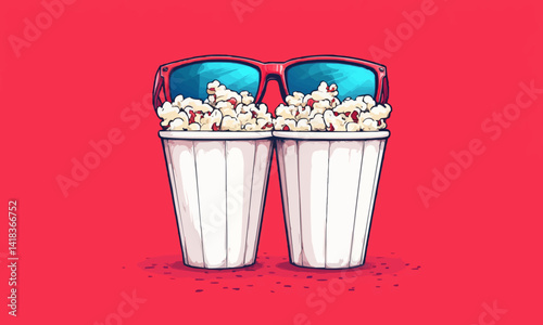 Online movie cinema concept. Popcorn in a paper cup and 3d glasses for movies films watching Banner with red background online web tv browsing popcorn. Vector illustration.