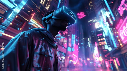 Wallpaper Mural Man wearing vr headset in a neon lit cyberpunk city with futuristic buildings and vibrant colors all around Torontodigital.ca