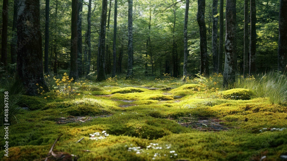 Obraz premium Sunlight filters through trees illuminating mossy forest floor.
