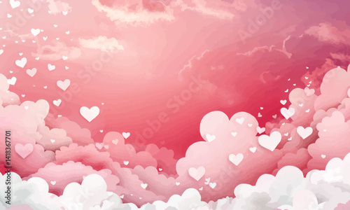 Pink sky and paper cut clouds. Place for text. Happy Valentine's day sale header or voucher template with hearts