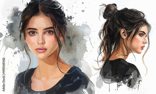 Portrait of a beautiful young woman with a fashion hairstyle, art. Beautiful black and white watercolor and pencil sketch of a young girl.