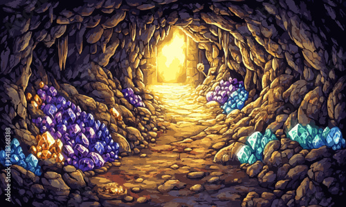 In a treasure hunt game, the background features a large cave with gem-covered walls and rocky stalactites in a dungeon, with sunlight visible at the exit.