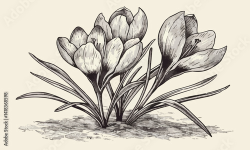 Saffron or crocus hand drawn ink sketch. Vector illustration in engraving vintage style