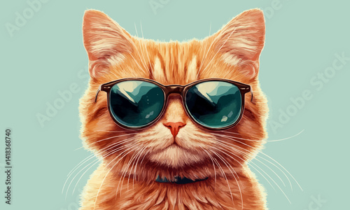 Isolated on light cyan, this portrait depicts a cute ginger cat wearing sunglasses.