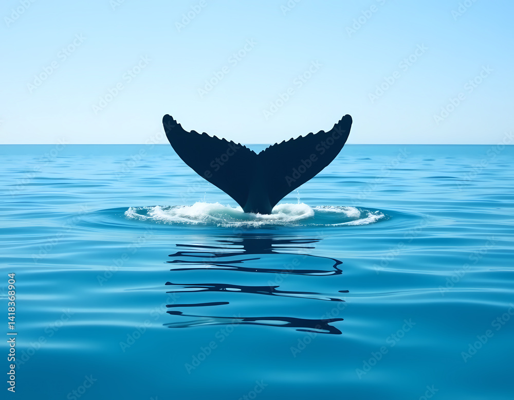 Fototapeta premium A stunning whale tail breaks the surface of calm blue waters, creating gentle splashes as it disappears back beneath the ocean Generative AI