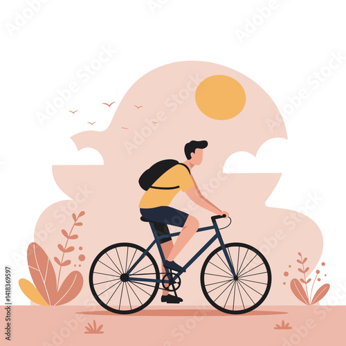 Young man riding a bicycle in a minimalist landscape with a sunny background