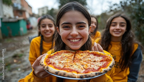 Smiling girls share a pizza in an urban setting.