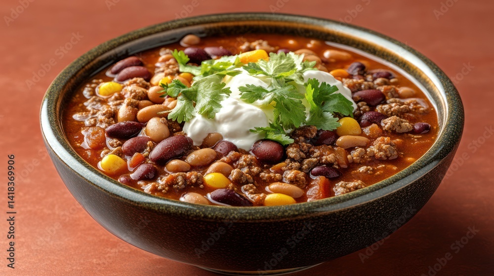 A hearty bowl of chili topped with sour cream and cilantro. A hearty bowl of chili topped with sour cream and cilantro.