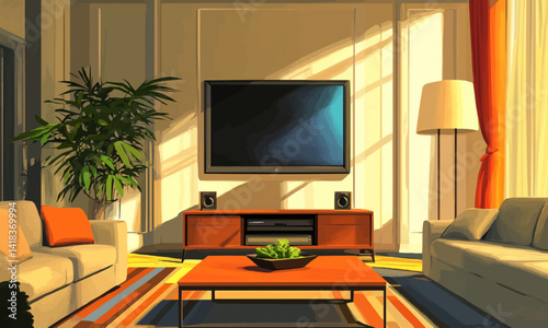 Living room interior with TV screen in front of couch. home interior