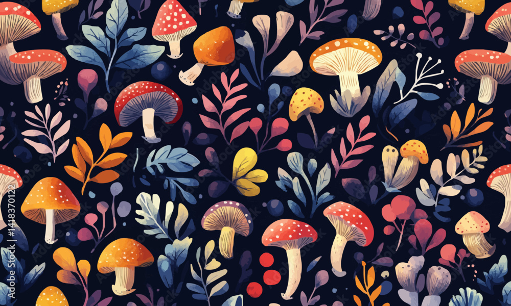 Seamless pattern featuring colorful mushrooms and foliage set against a dark background. The mushrooms vary in size, shape, and color, creating a whimsical design. Seamless pattern featuring colorful mushrooms and foliage set against a dark background. The mushrooms vary in size, shape, and color, creating a whimsical design.