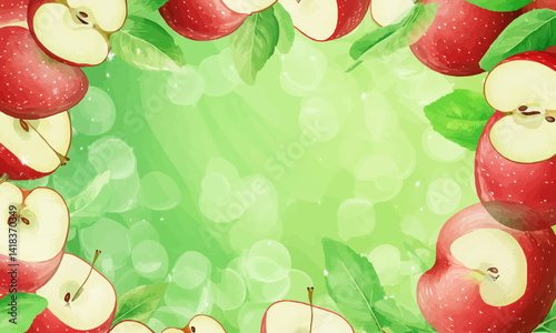 Seasonal banner with fresh sliced apples on a green background with copy space