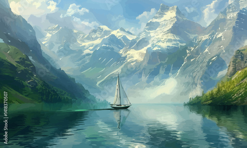 Serene sailing adventure in a picturesque mountain lake scene