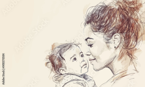 mother and child bond, happy mothers day celebration ,illustration, line drawing,