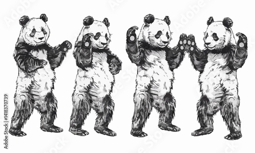Set of dancing panda hand drawn ink sketch. Engraved style vector illustration