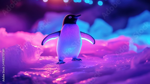 Penguin Standing on Ice in a Neon Lit Environment at Night