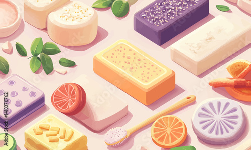 Natural soap bars with ingredients. Diy cosmetics products. Spa bath still life, isometric view