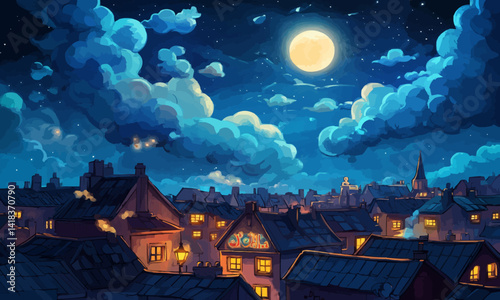 Neon lights light up city signboards at night, while clouds stretch across the sky under rooftops, accompanied by a moon. This is portrayed in a cartoon modern horizontal banner illustration.
