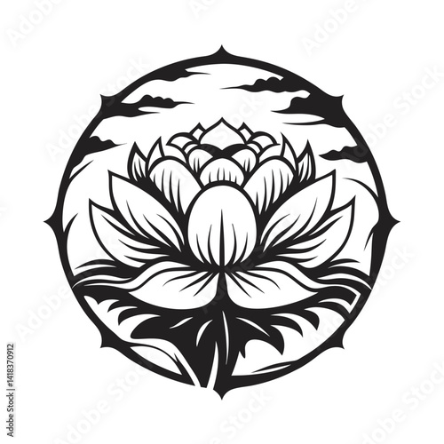 Lotus Flower with Water and Sky in Circle Silhouette Vector